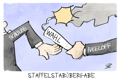 Cartoon: Sachsen-Anhalt (medium) by Kostas Koufogiorgos tagged karikatur,koufogiorgos,sachsen,anhalt,schulze,ministerpräsident,staffelstabübergabe,haseloff,karikatur,koufogiorgos,sachsen,anhalt,schulze,ministerpräsident,staffelstabübergabe,haseloff