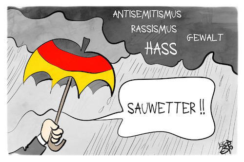 Cartoon: Sauwetter (medium) by Kostas Koufogiorgos tagged karikatur,koufogiorgos,sauwetter,antisemitismus,rassismus,gewalt,hass,deutschland,karikatur,koufogiorgos,sauwetter,antisemitismus,rassismus,gewalt,hass,deutschland