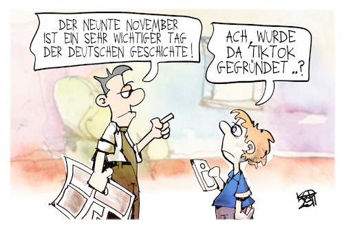 Cartoon: Schicksalstag (medium) by Kostas Koufogiorgos tagged karikatur,koufogiorgos,geschichte,november,bildung,tiktok,zeitung,vater,sohn,karikatur,koufogiorgos,geschichte,november,bildung,tiktok,zeitung,vater,sohn