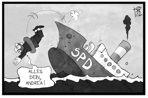 Cartoon: Schulz geht von Bord (medium) by Kostas Koufogiorgos tagged karikatur,koufogiorgos,illustration,cartoon,spd,schiff,dampfer,schulz,nahles,sprung,rettung,abgang,sinken,untergang,politik,partei,parteikvorsitz,sozialdemokratie,karikatur,koufogiorgos,illustration,cartoon,spd,schiff,dampfer,schulz,nahles,sprung,rettung,abgang,sinken,untergang,politik,partei,parteikvorsitz,sozialdemokratie