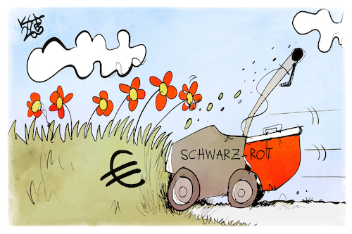 Cartoon: Schwarz-Rot (medium) by Kostas Koufogiorgos tagged karikatur,koufogiorgos,schwar,rot,rasenmäher,kürzungen,geld,karikatur,koufogiorgos,schwar,rot,rasenmäher,kürzungen,geld