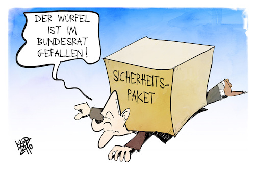 Cartoon: Sicherheitspaket (medium) by Kostas Koufogiorgos tagged karikatur,koufogiorgos,sicherheitspaket,bundesrat,scholz,würfel,alea,iacta,est,karikatur,koufogiorgos,sicherheitspaket,bundesrat,scholz,würfel,alea,iacta,est