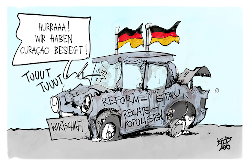 Cartoon: Sieg gegen Curacao (medium) by Kostas Koufogiorgos tagged karikatur,koufogiorgos,curacao,wirtschaft,auto,wrack,fußball,wm,karikatur,koufogiorgos,curacao,wirtschaft,auto,wrack,fußball,wm