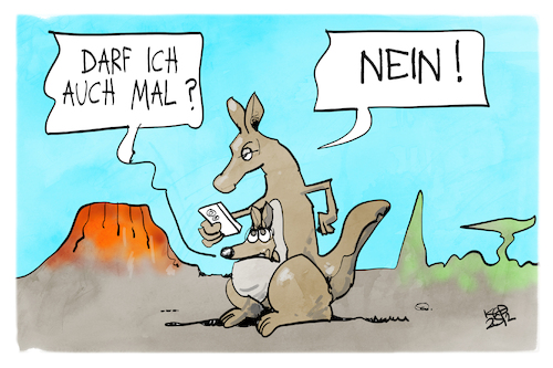 Cartoon: Social-Media-Verbot (medium) by Kostas Koufogiorgos tagged karikatur,koufogiorgos,australien,kanguru,social,media,smartphone,kind,eltern,karikatur,koufogiorgos,australien,kanguru,social,media,smartphone,kind,eltern