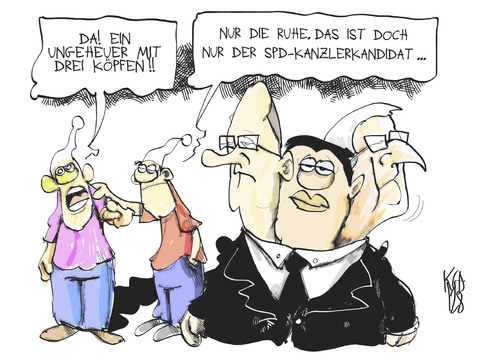 Cartoon: SPD-Kanzlerkandidat (medium) by Kostas Koufogiorgos tagged spd,kanzer,kandidat,frage,troika,steinmeier,steinbrück,gabriel,michel,wahl,karikatur,kostas,koufogiorgos,spd,kanzer,kandidat,frage,troika,steinmeier,steinbrück