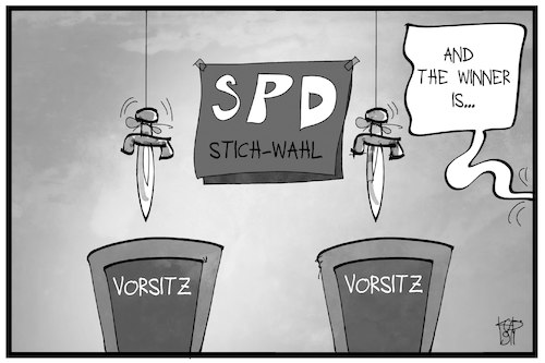 Cartoon: SPD-Vorsitz (medium) by Kostas Koufogiorgos tagged karikatur,koufogiorgos,illustration,cartoon,spd,vorsitz,damokles,schwert,stichwahl,karikatur,koufogiorgos,illustration,cartoon,spd,vorsitz,damokles,schwert,stichwahl