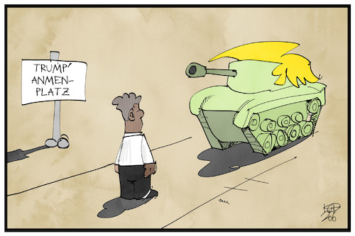 Cartoon: Trump greift ein (medium) by Kostas Koufogiorgos tagged karikatur,koufogiorgos,illustration,cartoon,militär,trump,ikone,tankman,tiananmenplatz,usa,proteste,rassismus,karikatur,koufogiorgos,illustration,cartoon,militär,trump,ikone,tankman,tiananmenplatz,usa,proteste,rassismus