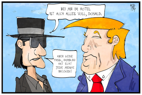 Cartoon: Trump in Hamburg (medium) by Kostas Koufogiorgos tagged karikatur,koufogiorgos,illustration,cartoon,trump,hamburg,lindenberg,hotel,brücke,obdachlos,g20,gipfel,karikatur,koufogiorgos,illustration,cartoon,trump,hamburg,lindenberg,hotel,brücke,obdachlos,g20,gipfel