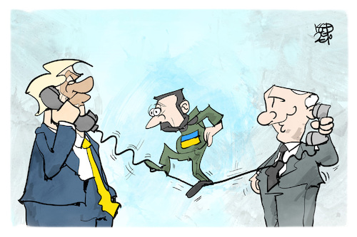 Cartoon: Trump telefoniert mit Putin (medium) by Kostas Koufogiorgos tagged karikatur,koufogiorgos,putin,trump,selenskyj,kabel,draht,balance,karikatur,koufogiorgos,putin,trump,selenskyj,kabel,draht,balance