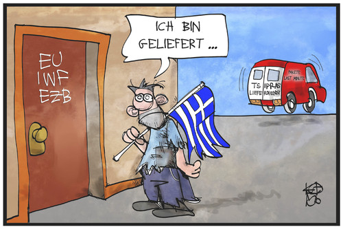 Cartoon: Tsipras liefert (medium) by Kostas Koufogiorgos tagged karikatur,koufogiorgos,illustration,cartoon,tsipras,griechenland,iwf,eu,ezb,europa,institutionen,troika,liefern,geliefert,lieferdienst,bürger,bankrott,pleite,grexit,karikatur,koufogiorgos,illustration,cartoon,tsipras,griechenland,iwf,eu,ezb,europa,institutionen,troika,liefern,geliefert,lieferdienst,bürger,bankrott,pleite,grexit