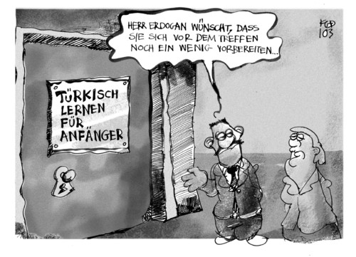 Cartoon: Türkisch für Anfänger (medium) by Kostas Koufogiorgos tagged deutschland,türkei,angela merkel,erdogan,staatsbesuch,integration,gymnasium,politik,angela,merkel
