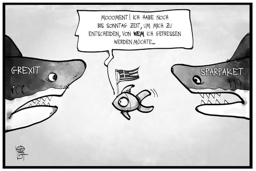 Cartoon: Ultimatum für Griechenland (medium) by Kostas Koufogiorgos tagged karikatur,koufogiorgos,illustration,cartoon,hai,fisch,griechenland,sparpaket,grexit,ultimatum,option,entscheidung,schuldenkrise,wirtschaft,politik,karikatur,koufogiorgos,illustration,cartoon,hai,fisch,griechenland,sparpaket,grexit,ultimatum,option,entscheidung,schuldenkrise,wirtschaft,politik