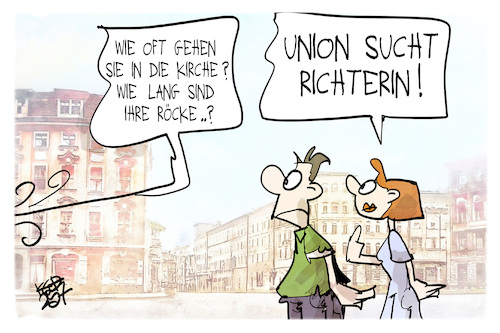 Cartoon: Union sucht Richterin (medium) by Kostas Koufogiorgos tagged karikatur,koufogiorgos,union,frau,verfasungsrichterin,partei,konservativ,karikatur,koufogiorgos,union,frau,verfasungsrichterin,partei,konservativ