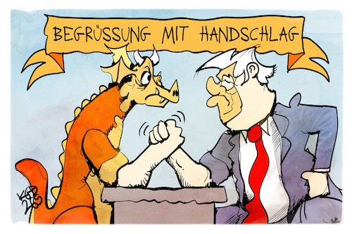 Cartoon: USA-China (medium) by Kostas Koufogiorgos tagged karikatur,koufogiorgos,trump,xi,china,usa,armdrücken,handschlag,drache,karikatur,koufogiorgos,trump,xi,china,usa,armdrücken,handschlag,drache