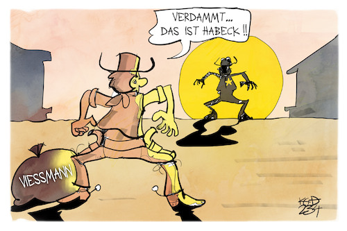Cartoon: Viessmann-Verkauf (medium) by Kostas Koufogiorgos tagged karikatur,koufogiorgos,habeck,cowboy,duelle,usa,viessmann,heizung,karikatur,koufogiorgos,habeck,cowboy,duelle,usa,viessmann,heizung