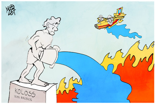 Cartoon: Waldbrände auf Rhodos (medium) by Kostas Koufogiorgos tagged karikatur,koufogiorgos,rhodos,feuer,koloss,weltwunder,waldbrand,griechenland,karikatur,koufogiorgos,rhodos,feuer,koloss,weltwunder,waldbrand,griechenland