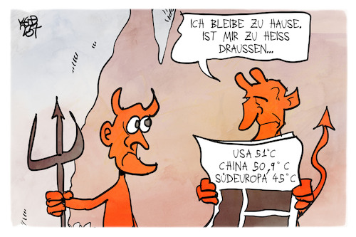 Cartoon: Weltweite Temperaturrekorde (medium) by Kostas Koufogiorgos tagged karikaturen,koufogiorgos,temperaturrekorde,hitzewelle,hölle,teufel,karikaturen,koufogiorgos,temperaturrekorde,hitzewelle,hölle,teufel