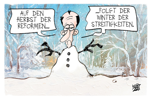 Cartoon: Winter der Streitigkeiten (medium) by Kostas Koufogiorgos tagged karikatur,koufogiorgos,merz,winter,herbst,reformen,schneemann,eisig,streitigkeiten,karikatur,koufogiorgos,merz,winter,herbst,reformen,schneemann,eisig,streitigkeiten