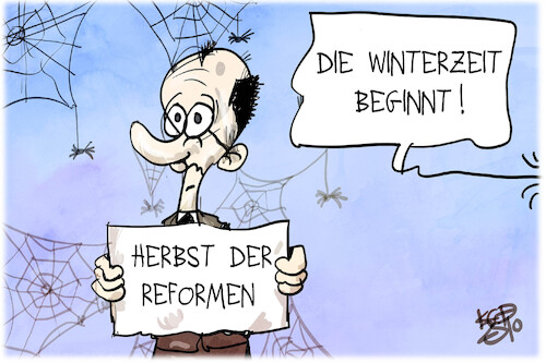 Cartoon: Winterzeit (medium) by Kostas Koufogiorgos tagged karikatur,koufogiorgos,merz,herbst,winterzeit,reformen,karikatur,koufogiorgos,merz,herbst,winterzeit,reformen