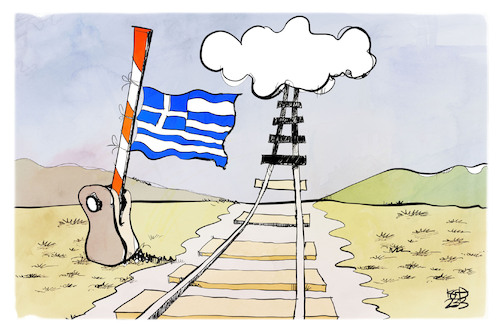 Cartoon: Zugunglück in Griechenland (medium) by Kostas Koufogiorgos tagged karikatur,koufogiorgos,zug,unglück,schiene,gleise,griechenland,schranke,himmel,wolke,karikatur,koufogiorgos,zug,unglück,schiene,gleise,griechenland,schranke,himmel,wolke