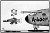 Cartoon: A400M (small) by Kostas Koufogiorgos tagged karikatur,koufogiorgos,illustration,cartoon,a400,a400m,bundeswehr,g36,panne,rüchtung,ausrüstung,armee,militär,flugzeug,transport,follow,me,unbrauchbar,airbus