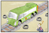 Cartoon: Flixtrain (small) by Kostas Koufogiorgos tagged karikatur,koufogiorgos,illustration,cartoon,flixtrain,flixbus,schiene,räder,reifen,db,bahn,mobilität,verkehr,zug,konkurrenz