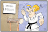 Cartoon: Merkel in Japan (small) by Kostas Koufogiorgos tagged karikatur,koufogiorgos,illustration,cartoon,merkel,japan,kampf,protektionismus,freihandel,wirtschaft,karate,kampfsport