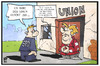 Cartoon: Streit in der Union (small) by Kostas Koufogiorgos tagged karikatur,koufogiorgos,illustration,cartoon,merkel,union,cdu,spd,koalition,nachbar,regierung,angeschlagen,flüchtlingspolitik