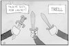 Cartoon: TV-Triell (small) by Kostas Koufogiorgos tagged karikatur,koufogiorgos,illustration,cartoon,triell,schwert,degen,laschet,scholz,baerbock