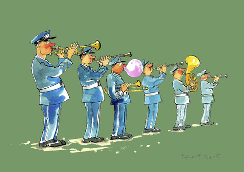 Cartoon: Blasorchester (medium) by Marlene Pohle tagged musik,blasen,aus,dem,rahme,fallen,kaugummi