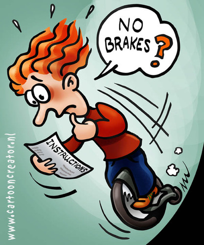 Cartoon: Mono wheel without brakes (medium) by illustrator tagged mono,wheel,brake,fall,bike,instructions,man,cartoon,illustration,wonder,hill,down