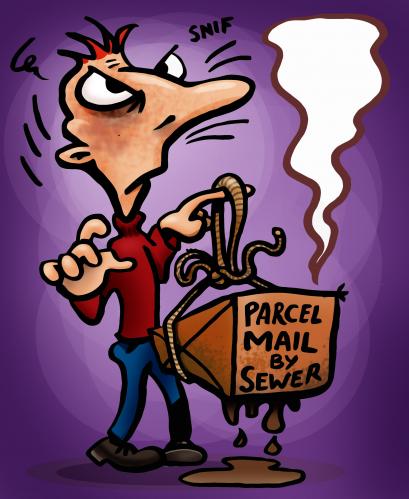 Cartoon: Parcel mail by sewer (medium) by illustrator tagged satire,parcel,mail,sewer,snif,smell,nose,dirty,filthy,shit,package,smelly