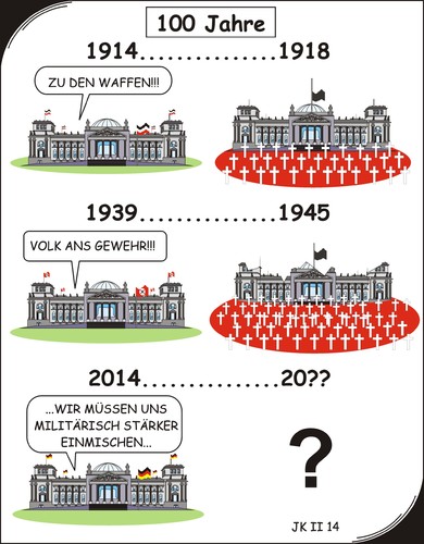 Cartoon: 100 Jahre (medium) by JotKa tagged verteidigungsministerium,vanderlayen,gauck,merkel,bodenschätze,rohstoffe,finanzen,wirtschaft,weltkrieg,bundeswehr,africa,usa,europa,eu,nato,bündnis,bündnisse,verstümmelt,verwundet,tot,niederlagen,vertreibung,flucht,not,elend,hunger,krieg,militäreinsätze