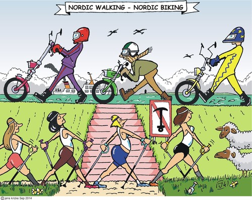 Cartoon: Biker und Walker (medium) by JotKa tagged gesellschaft,mann,frau,sport,küste,freizeit,gesundheit,walking,biking,mode,lifestyle,motorradfahren,motorrad,wandern,laufen,cycling