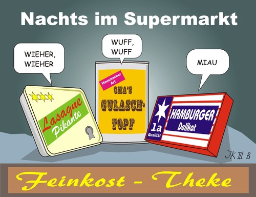 Cartoon: Feinkost (medium) by JotKa tagged pferdefleisch,pferd,kuh,rind,schwein,hund,katze,lasagne,gulasch,hamburger,lebensmittel,fastfood,delikatesse,grosshandel,vertriebswege,gewinn,euro,markt,wirtschaft,gesetze,politik,landwirtschaftsministerium,parteien,manager,handel