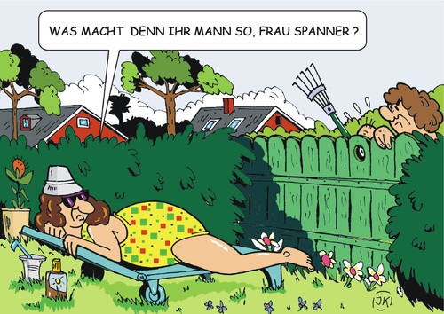 Cartoon: Frau Spanner (medium) by JotKa tagged mann,frau,männer,frauen,sonne,sonnenbad,nachbarn,spanner,voyeur,erotic,liebe,beziehung,garten,freizeit