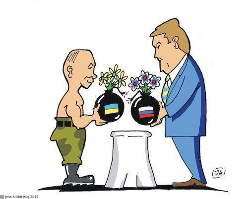 Cartoon: Minsker Blumengrüße (medium) by JotKa tagged hilfskonvoi,ostukraine,wirtschaftstreffen,poroschenko,putin,ukraine,russland,weissrussland,minsk