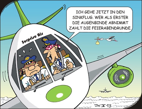 Cartoon: Mutprobe - Test of courage (medium) by JotKa tagged urlaub,reisen,fliegen,mutig,spässe,mutproben,blindflug,sinkflug,piloten,stewardess
