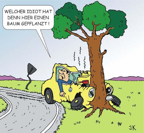 Cartoon: Schuldzuweisung (medium) by JotKa tagged schuldige,auto,verkehr,unfall,baum,strasse,mobilität,infrastruktur,schuldige,auto,verkehr,unfall,baum,strasse,mobilität,infrastruktur