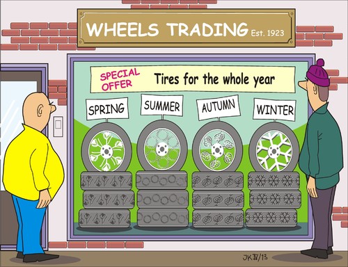 Cartoon: Tires (medium) by JotKa tagged tires,wheels,cars,traffic,station,rubber,mechanics