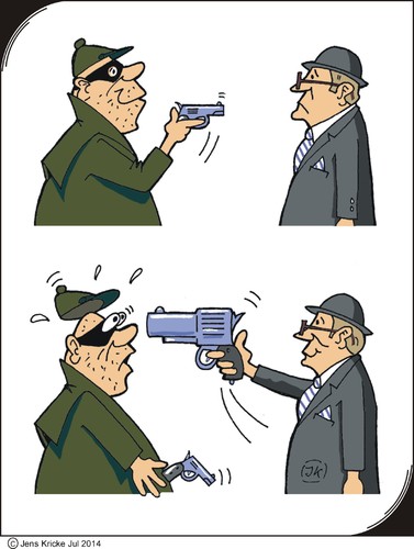 Cartoon: Überfall - Raid (medium) by JotKa tagged räuber,überfall,raub,angriff,waffe,pistolen,groß,klein,bedrohung,überraschung,robbers,robbery,assault,weapon,guns,large,small,surprise,threat