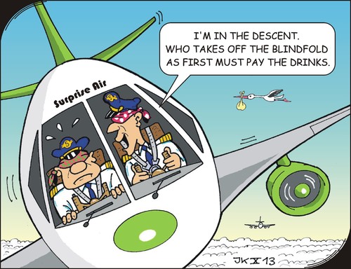 Cartoon: Mutprobe - Test of courage (medium) by JotKa tagged urlaub,reisen,fliegen,mutig,spässe,mutproben,blindflug,sinkflug,piloten,stewardess