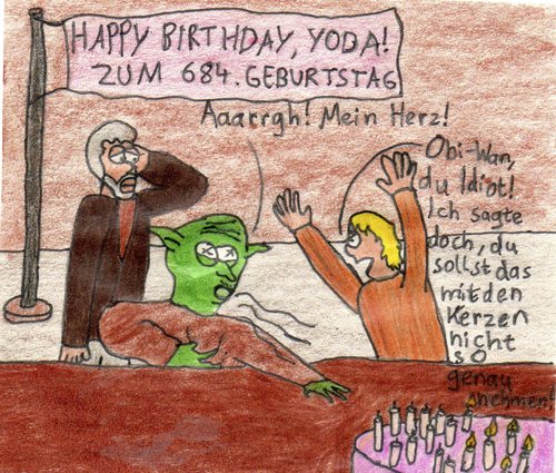 Cartoon: Herzanfall (medium) by Salatdressing tagged luke,skywalker,lieb,star,wars,krieg,der,sterne,vader,obi,wan,kenobi,yoda,herzanfall,herzinfarkt,geb,geburtstag,geboren,alt,torte,kerzen,kuchen,happy,birthday,tod,böse,idiot,dumm,viel,zuviel,übertreiben,genau,nehmen,pusten,auspusten