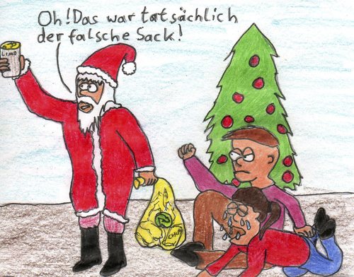 Cartoon: Weihnachtsmann-Verwechslung (medium) by Salatdressing tagged weihnachtsmann,weihnachten,nikolaus,geschenke,heiligabend,traurig,falsch,sack,schenken,gelber,gelb,abfall,verwechslung,dumm,blöd,christkind