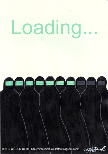 Cartoon: Loading... (medium) by CIGDEM DEMIR tagged burka,loading,computer,islam,cigdem,demir,blacak,woman,2010,women