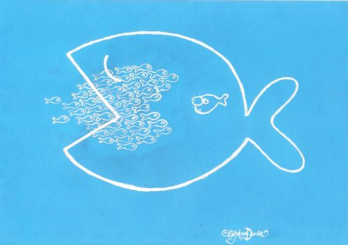 Cartoon: The Unlucky Fish (medium) by CIGDEM DEMIR tagged unlucky,fish,cigdem,demir,blue,sea,leak,cartoon,caricature