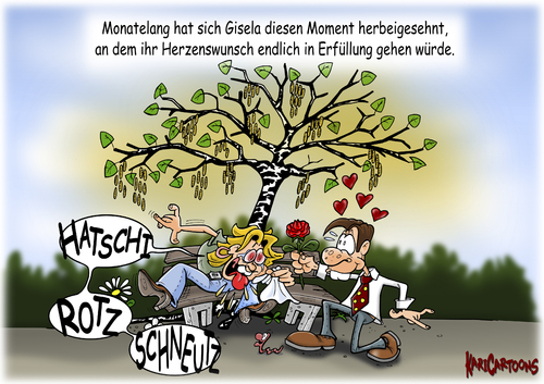 Cartoon: Heiratsantrag unter Birken (medium) by karicartoons tagged parkbank,bank,blume,rose,blüte,blühen,birke,pollenallergie,pollen,allergie,heuschnupfen,frühjahr,frühling,paar,heiratsantrag