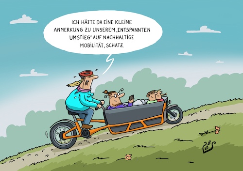 Cartoon: Nachhaltige Mobilität (medium) by Dodenhoff Cartoons tagged lastenräder,familienleben,nachhaltigkeit,mobilität,paare,eltern,kinder,emobilität,co2,feinstaub,lastenräder,familienleben,nachhaltigkeit,mobilität,paare,eltern,kinder,emobilität,co2,feinstaub