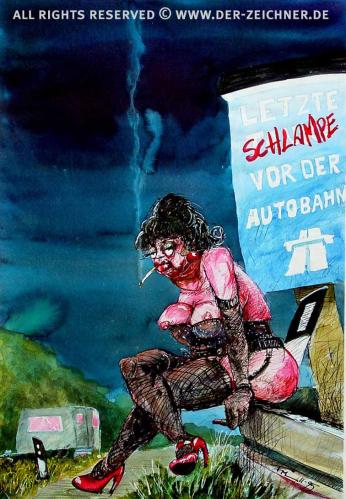 Cartoon: Letzte Schlampe vor der Autobahn (medium) by wwwder-Zeichnerde tagged prostitution,menschenhandel,frauen,luden,
