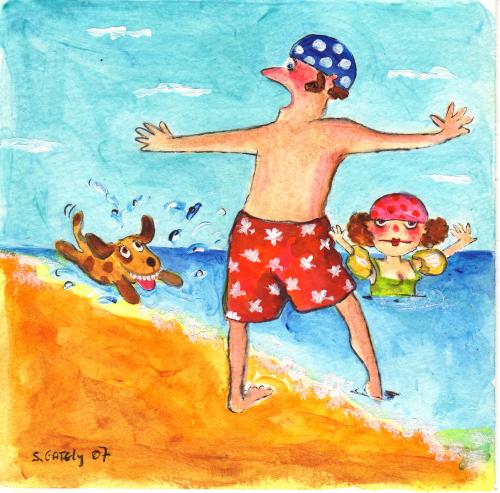 Cartoon: swimming in the sea (medium) by siobhan gately tagged dog,swimming,splash,beach,illustration,schwimmen,urlaub,ferien,verreisen,strand,meer,wasser,angst,furcht,nass,trocken,freizeit